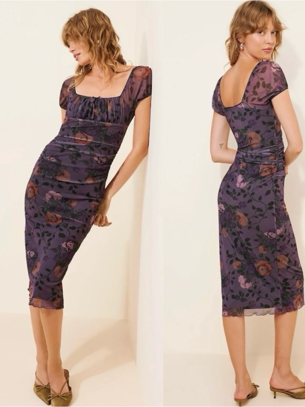 Maeve Purple Floral Square-Neck Mesh  Midi Dress 90s Y2K